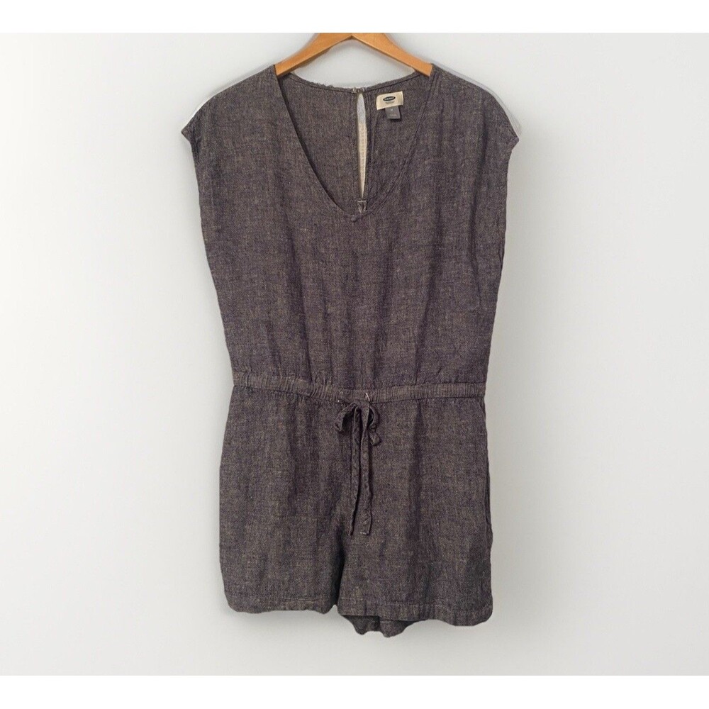 Old Navy Romper Ladies Sz M Blue Chambray Linen/Rayon V-neck Elastic Waist
